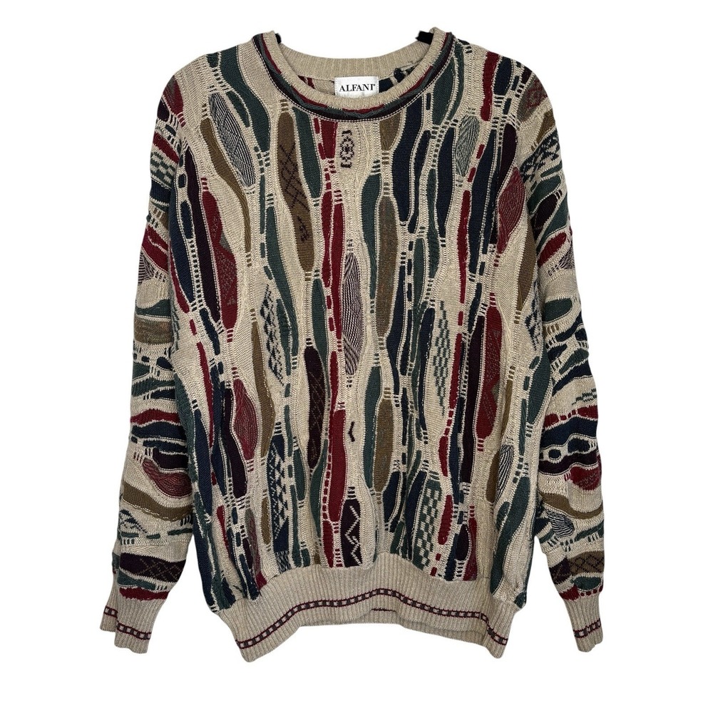 VTG Alfani 3D Knit Crewneck Sweater Large Jacquard Abstract Textured Cosby 90s